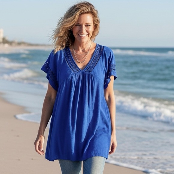 Umgee Tops - Umgee Royal Blue Lace Accent Blouse/Tunic